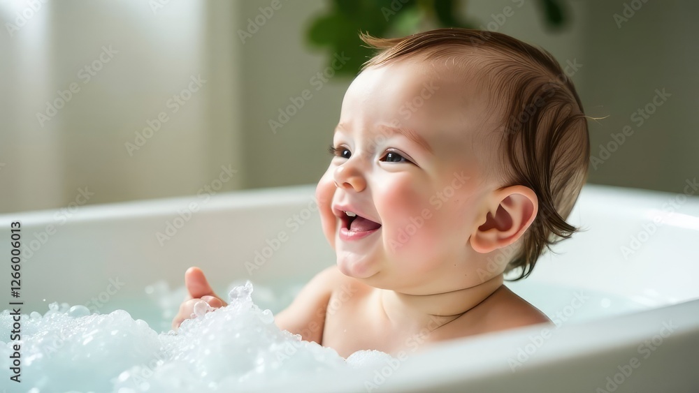 The baby takes a bath, surrounded by foam, with a joyful smile. Home comfort, care, hygiene, cleanliness. Suitable for advertising children's cosmetics, family content, blogs about parenting. The baby takes a bath, surrounded by foam, with a joyful smile. Home comfort, care, hygiene, cleanliness. Suitable for advertising children's cosmetics, family content, blogs about parenting.