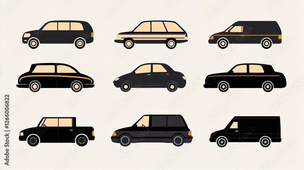A set of black cars are shown in a row, with the first car being a van A set of black cars are shown in a row, with the first car being a van