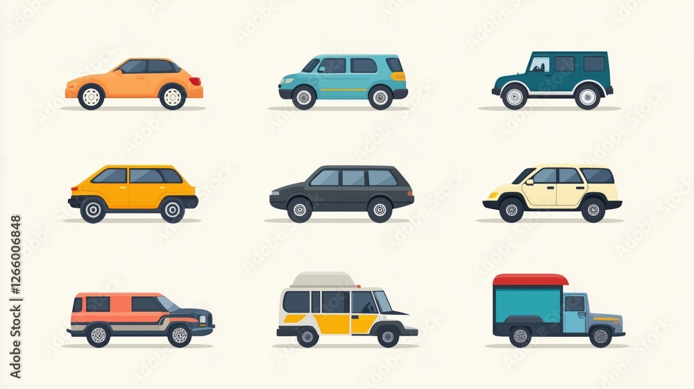 A set of cars are shown in a row, with the first car being a yellow car A set of cars are shown in a row, with the first car being a yellow car