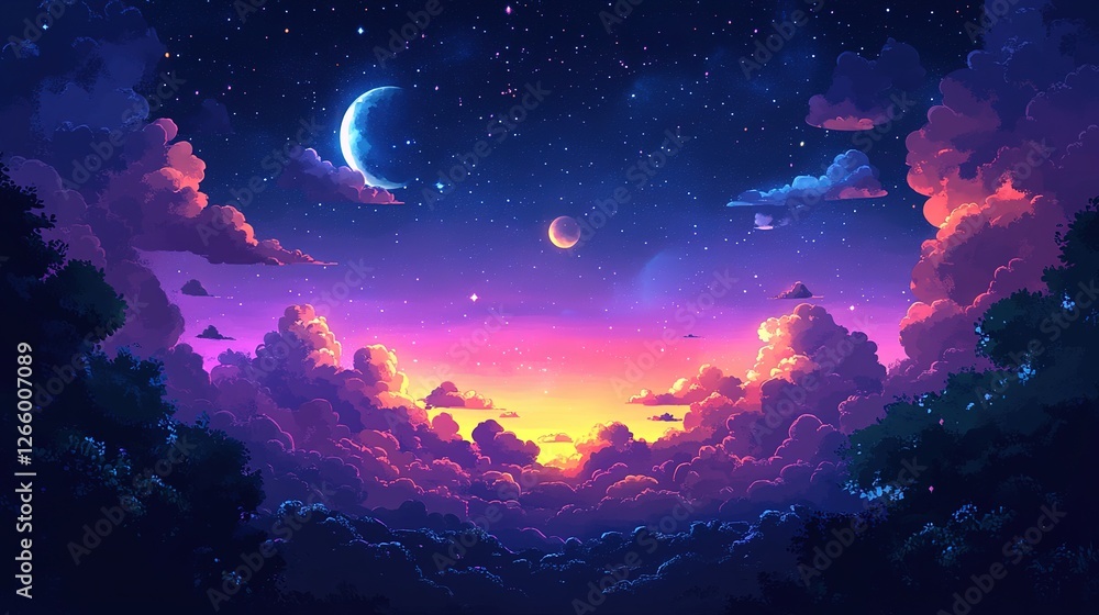 Fototapeta premium Serene sunset over colorful clouds dreamy landscape digital art tranquil environment vibrant viewpoint