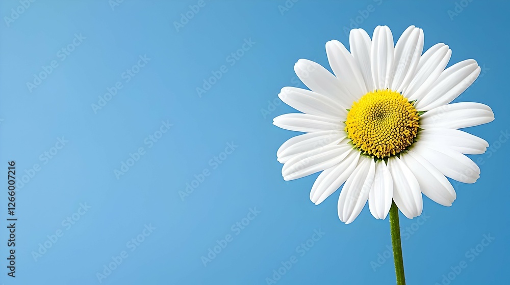 Single White Daisy With Yellow Center On Blue Background Single White Daisy With Yellow Center On Blue Background