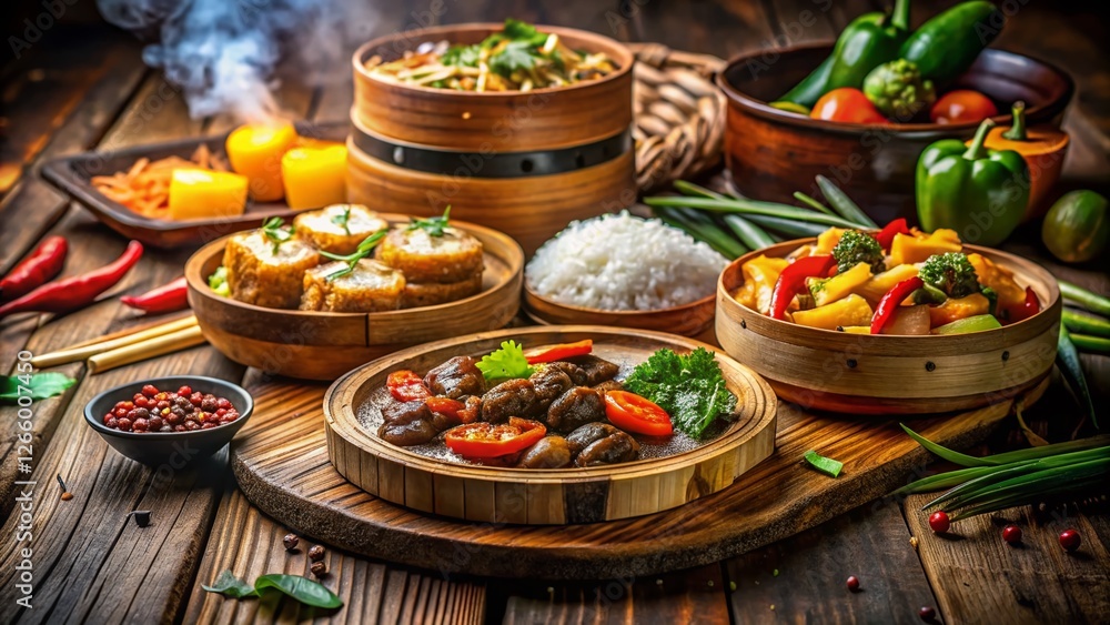 Nighttime Dinner Platter: Diverse Small Bowls of Rice, Vegetables & Meat on Rustic Wood Nighttime Dinner Platter: Diverse Small Bowls of Rice, Vegetables & Meat on Rustic Wood