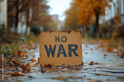 Cardboard no war sign standing on wet pavement covered with fallen leaves in autumn photo