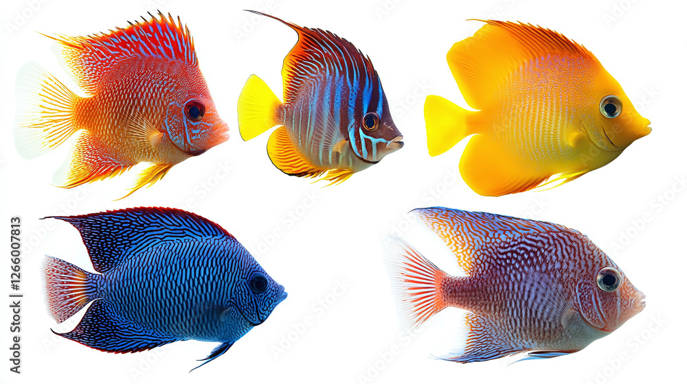 Collection of five tropical colourful fish (fictious species) isolated on a white background as white jpg. Collection of five tropical colourful fish (fictious species) isolated on a white background as white jpg.