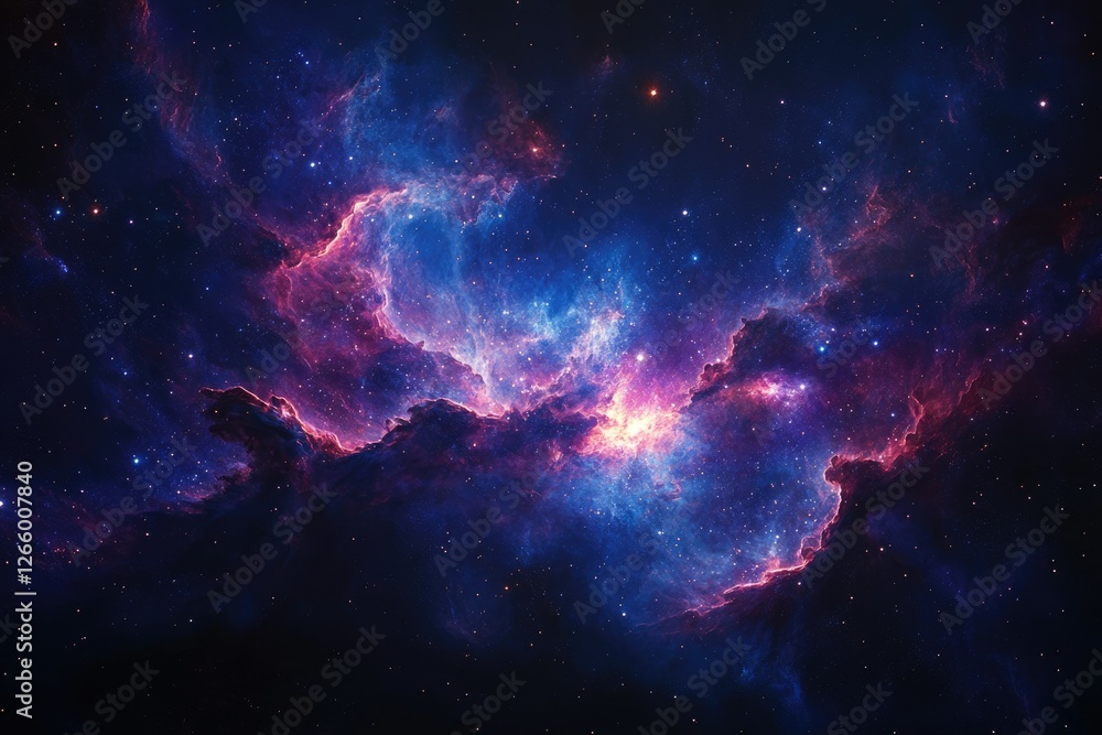 Obraz premium A vibrant nebula, cosmic dust and gas swirl in a breathtaking display of color and light, scattered with distant stars.