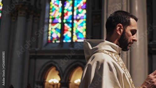 Wallpaper Mural Priest performing solemn ritual inside beautiful stained glass church Torontodigital.ca