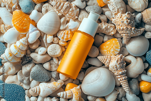 Natural sunscreen in stylish packaging among sea pebbles and shells photo