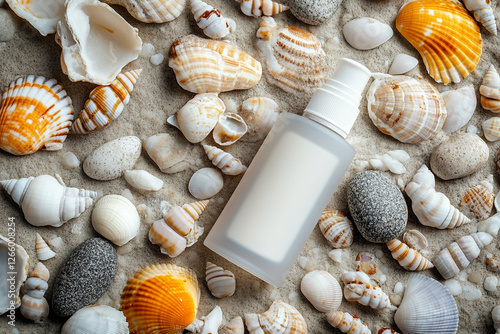 Natural sunscreen in stylish packaging among sea pebbles and shells photo