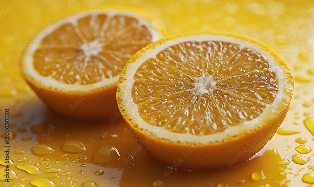 Two Halves of a Fresh Orange on a Yellow Background with Water Droplets Two Halves of a Fresh Orange on a Yellow Background with Water Droplets