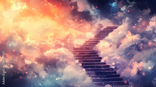 A fantasy landscape unfolds: cloud-kissed steps climb towards a heavenly, bokeh-filled sky. Celestial Staircases. Illustration photo