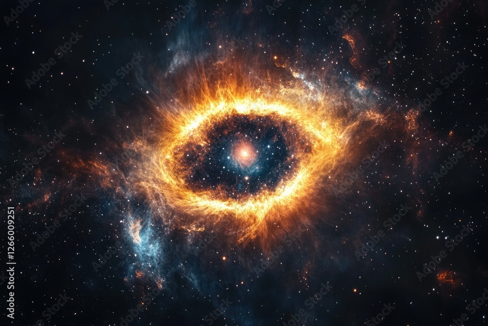 A fiery ring nebula in deep space, glowing with intense energy and surrounded by countless stars. A fiery ring nebula in deep space, glowing with intense energy and surrounded by countless stars.