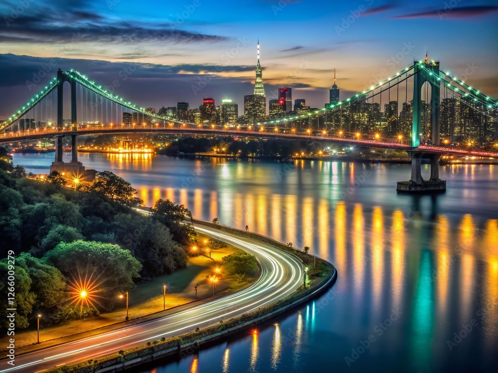 Obraz premium NYC Bridges Night Long Exposure, Triborough & RFK Bridge Panorama, Queens Skyline