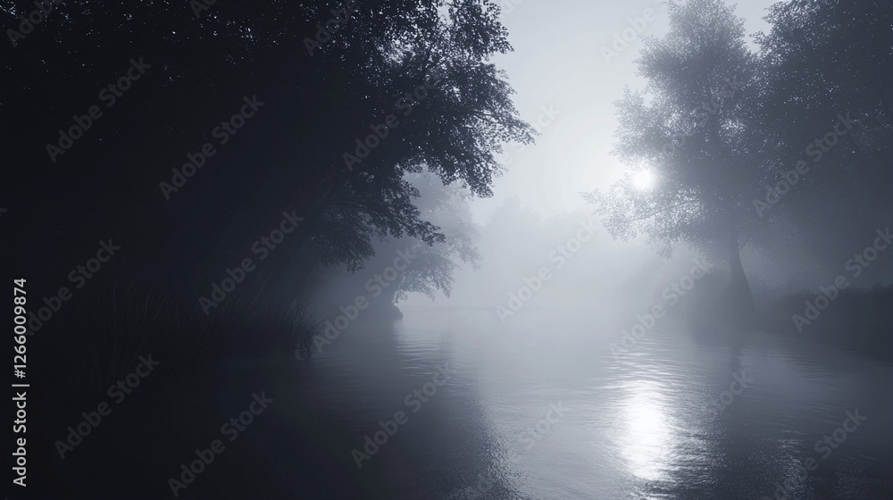 Dark forest bordering a reflective misty river Dark forest bordering a reflective misty river