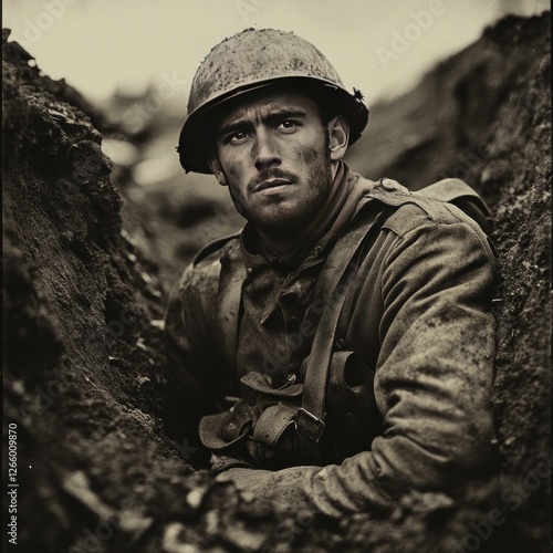World War I soldier portrait in desolate trench setting