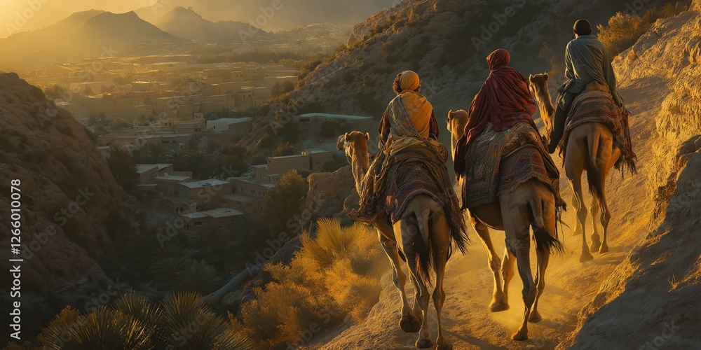 Fototapeta premium Journeys Through Mountains: Jacob, Rachel, and Leah's Camel Trek with Their Sons