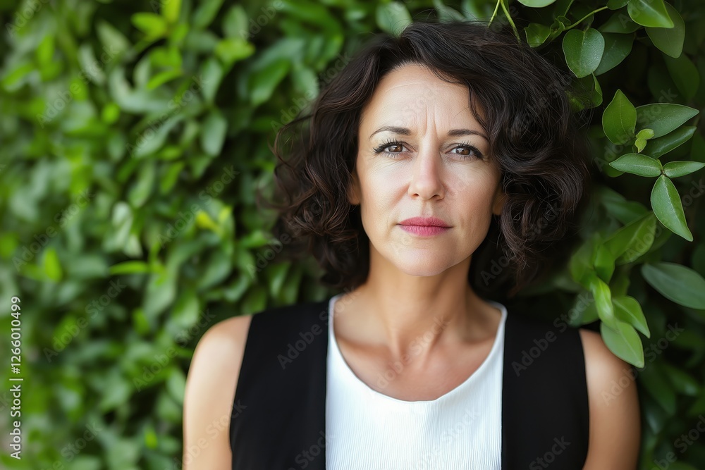 A woman stands confidently against lush green leaves, her expression conveying a deep sense of contemplation and introspection A woman stands confidently against lush green leaves, her expression conveying a deep sense of contemplation and introspection