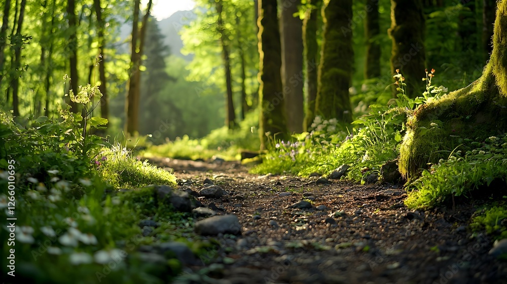 Sunlit Forest Path With Lush Green Foliage Sunlit Forest Path With Lush Green Foliage
