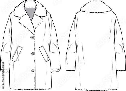 Women's Hooded Teddy Coat. Technical fashion illustration. Front and back, white color. Women's CAD mock-