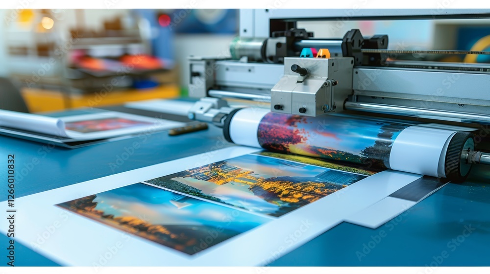 Large format printer efficiently produces vibrant graphics on rolls of paper, showcasing technology