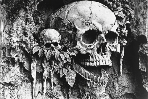 Skulls are emerging from a dark stone wall with plants growing around them, creating a spooky scene related to death, halloween, and gothic themes photo