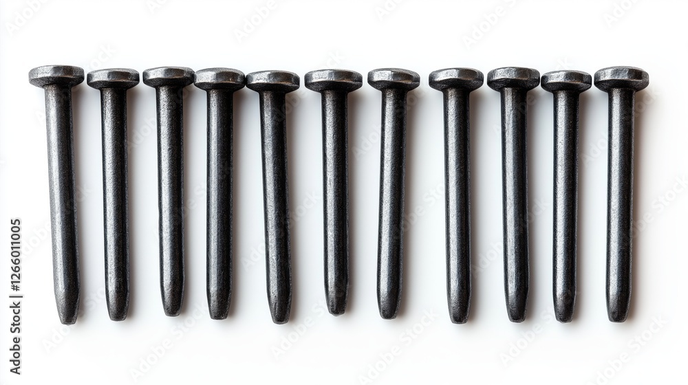 Rows of metal nails arranged neatly on a white background Rows of metal nails arranged neatly on a white background