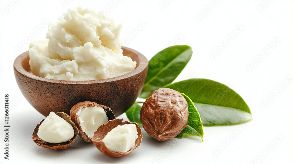 Split shea nuts showing their creamy interior with fresh shea leaves, arranged on a white background. Split shea nuts showing their creamy interior with fresh shea leaves, arranged on a white background.