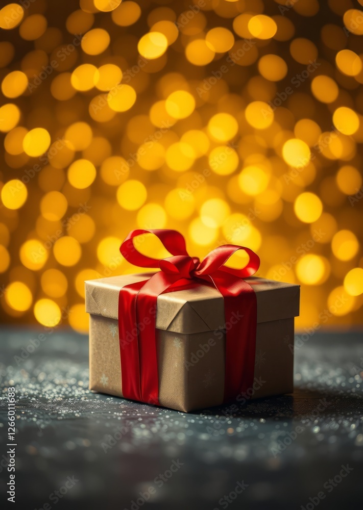 A beautifully wrapped gift with a red ribbon against a sparkling golden background for festive celebrations bokeh red bokeh abstract background glow design light texture effect sparkle A beautifully wrapped gift with a red ribbon against a sparkling golden background for festive celebrations bokeh red bokeh abstract background glow design light texture effect sparkle
