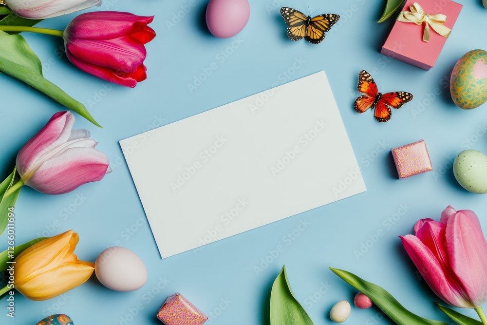 Easter-themed blank white card surrounded by tulips, butterflies, and colorful eggs with small gifts on a light blue background Easter-themed blank white card surrounded by tulips, butterflies, and colorful eggs with small gifts on a light blue background