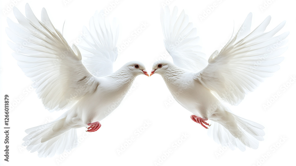 Two white doves flying face to face as a symbol for love and wedding, isolated on a white background. Two white doves flying face to face as a symbol for love and wedding, isolated on a white background.