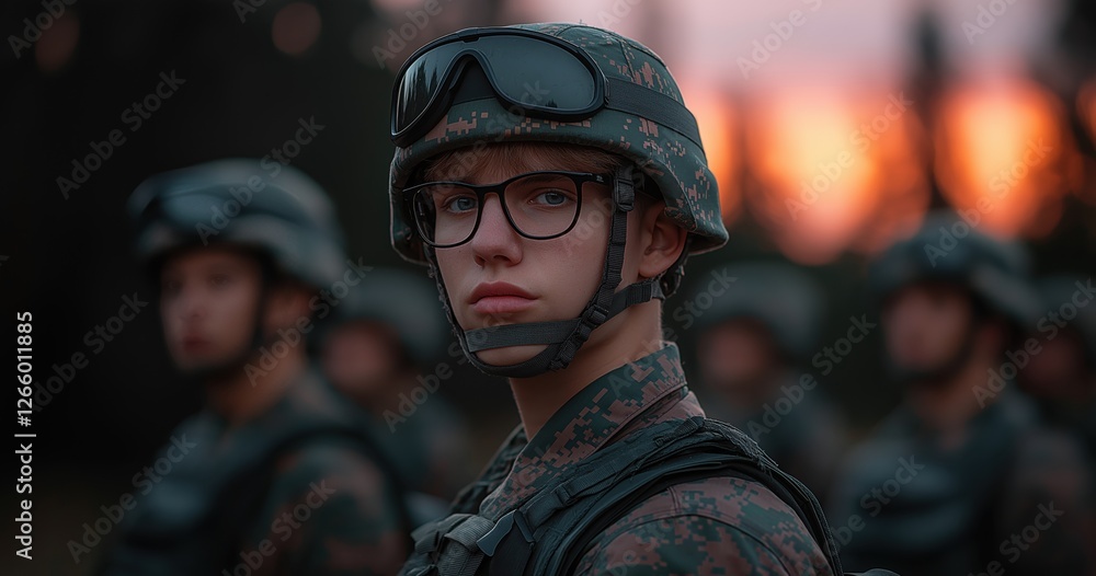 Soldiers stand in formation, displaying tension and focus during a military crisis as dusk sets in the background Soldiers stand in formation, displaying tension and focus during a military crisis as dusk sets in the background