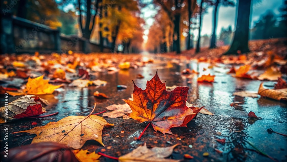 Overcast Autumn Day: Fallen Leaves and Trees - Stock Photo Overcast Autumn Day: Fallen Leaves and Trees - Stock Photo