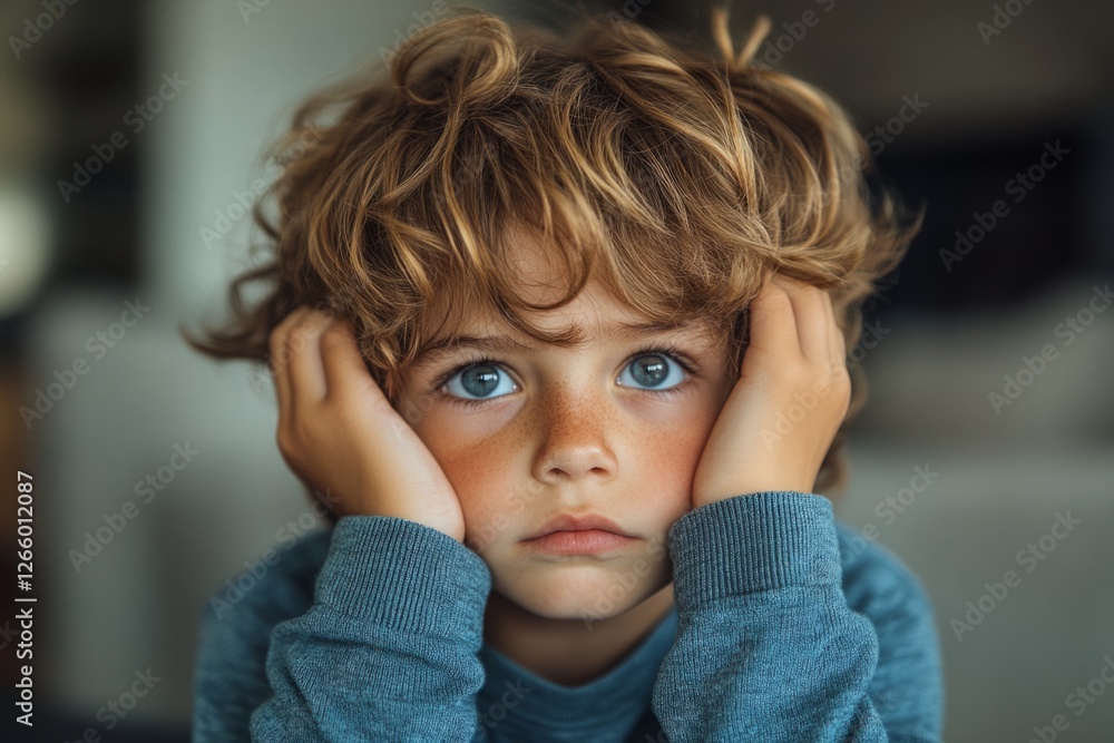 Close-up of thoughtful child with curly blond hair and blue eyes holding head, conveying emotion and childhood wonder Close-up of thoughtful child with curly blond hair and blue eyes holding head, conveying emotion and childhood wonder