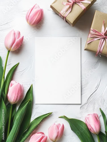 Wallpaper Mural blank white card with pink tulips and gifts on the table, creating an elegant background for Mother's Day card Torontodigital.ca