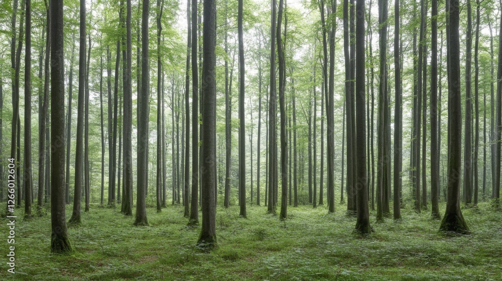 Misty forest with tall trees, tranquil atmosphere, possible use for nature wallpaper Misty forest with tall trees, tranquil atmosphere, possible use for nature wallpaper