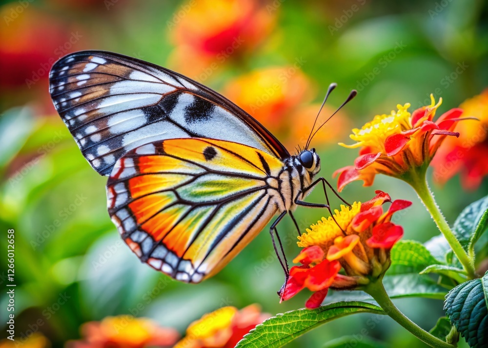 Fototapeta premium Painted Jezebel Butterfly Macro Photography: Delias hyparete Resting on Leaf in Flower Garden