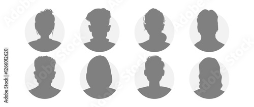 Vector flat illustration in grayscale. Icons of man and woman. Avatar, user profile, person icon, profile picture. Suitable for social media profiles, icons, screensavers and as a template.