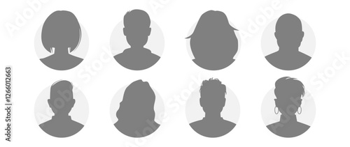 Vector flat illustration in grayscale. Icons of man and woman. Avatar, user profile, person icon, profile picture. Suitable for social media profiles, icons, screensavers and as a template.