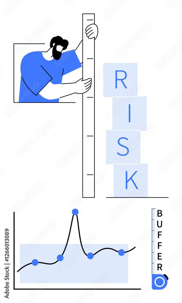 Man holding ruler blue blocks spelling RISK chart with plot points. Ideal for data analysis, risk management, strategic planning, decision making, forecasting, measurement, business solutions. Line Man holding ruler blue blocks spelling RISK chart with plot points. Ideal for data analysis, risk management, strategic planning, decision making, forecasting, measurement, business solutions. Line