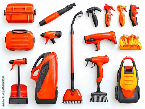 Assortment of Orange Cleaning Tools on White Background photo