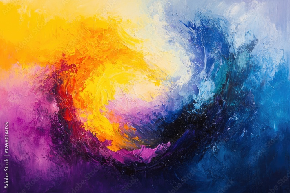 Fototapeta premium Abstract painting with vibrant yellow, purple, and blue hues swirling in a dynamic composition.