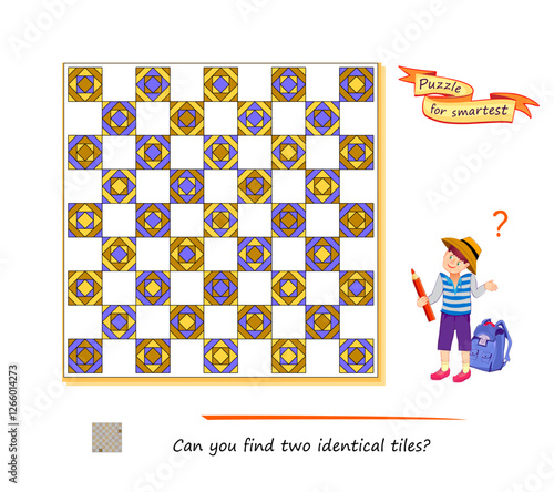Logic puzzle for children and adults. Can you find two identical tiles? Game Seek and Find. Page for kids brain teaser book. Task for attentiveness. IQ test. Play online. Flat vector illustration.