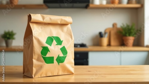 Close-up of a brown paper bag with a green recycling logo on a wooden table. Blurred kitchen background with wooden shelves and plants.Environmental care theme. photo