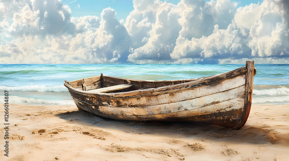 Weathered wooden boat on sandy beach. Sands of Forgotten Ages. Illustration Weathered wooden boat on sandy beach. Sands of Forgotten Ages. Illustration