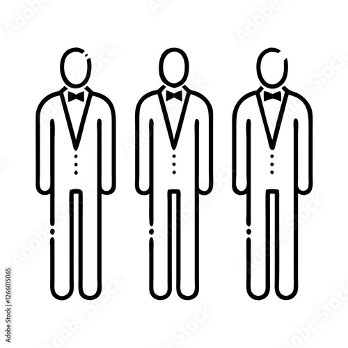 Three grooms in distinct formal suits stand side by side, highlighting individual styles and accessories that reflect their personalities.Wedding vector icon