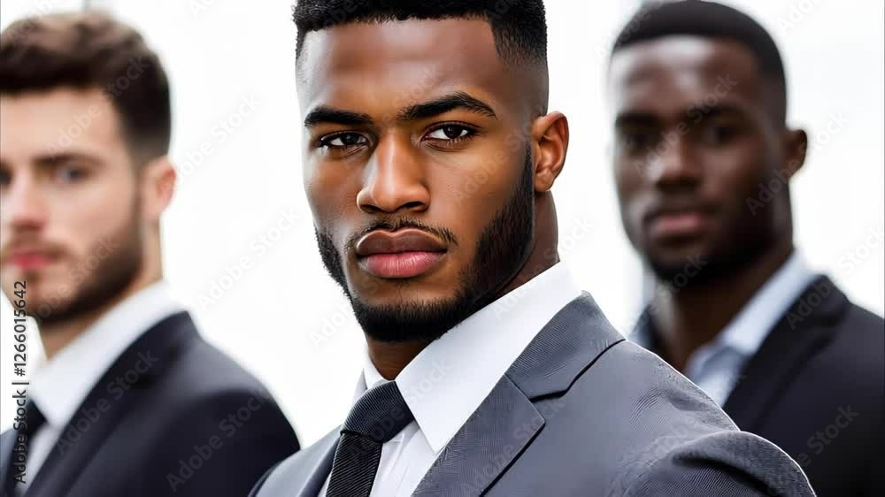 Three men in suits stand together, with the focus on the man in the foreground who has a strong presence. Three men in suits stand together, with the focus on the man in the foreground who has a strong presence.