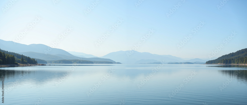 Serene lake surrounded by mountains with clear blue skies reflecting tranquility and nature's beauty Serene lake surrounded by mountains with clear blue skies reflecting tranquility and nature's beauty