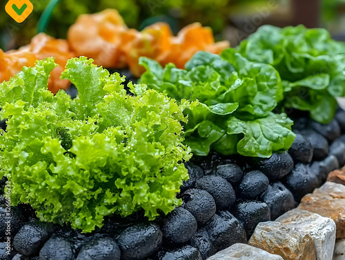 Freshly Grown Lettuce in Raised Garden Bed photo