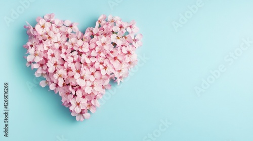 heart shape made of pink cherry blossoms on a pastel background, symbolizing love and romance for Valentine's Day or Mother's Day greeting cards. Copy space.
