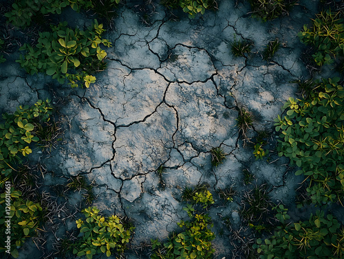 Dry cracked earth with small green plants. Top-down view. Nature background. Suitable for environmental themes photo