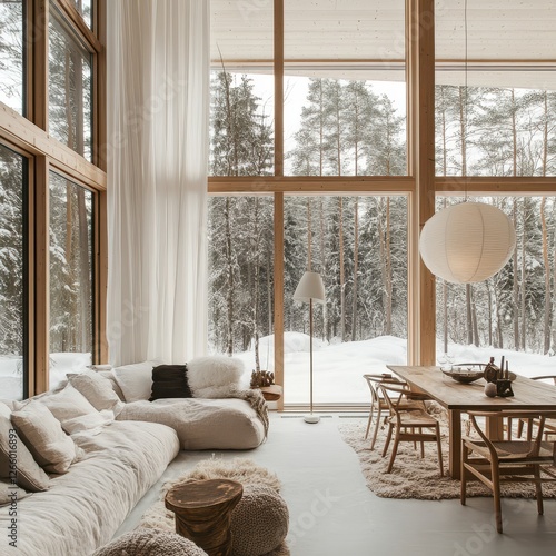 Light filled modern living room overlooks snowy winter forest